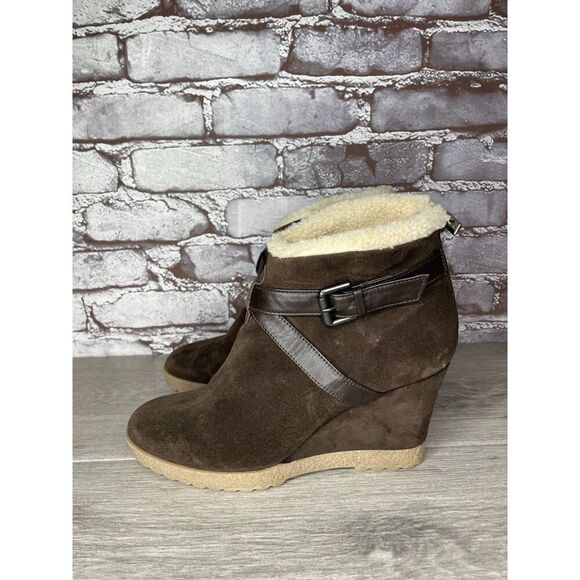 Aquatalia Brown Suede Faux Fur Strap Ankle Wedge Booties Women’s Sz 10M US/41EU - Picture 12 of 16